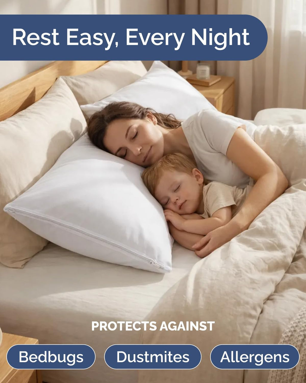 BBEE SOLUTIONS Queen Pillow Protectors with Zipper – Set of 2 Bed Bug & Dust Mite Proof Pillow Covers