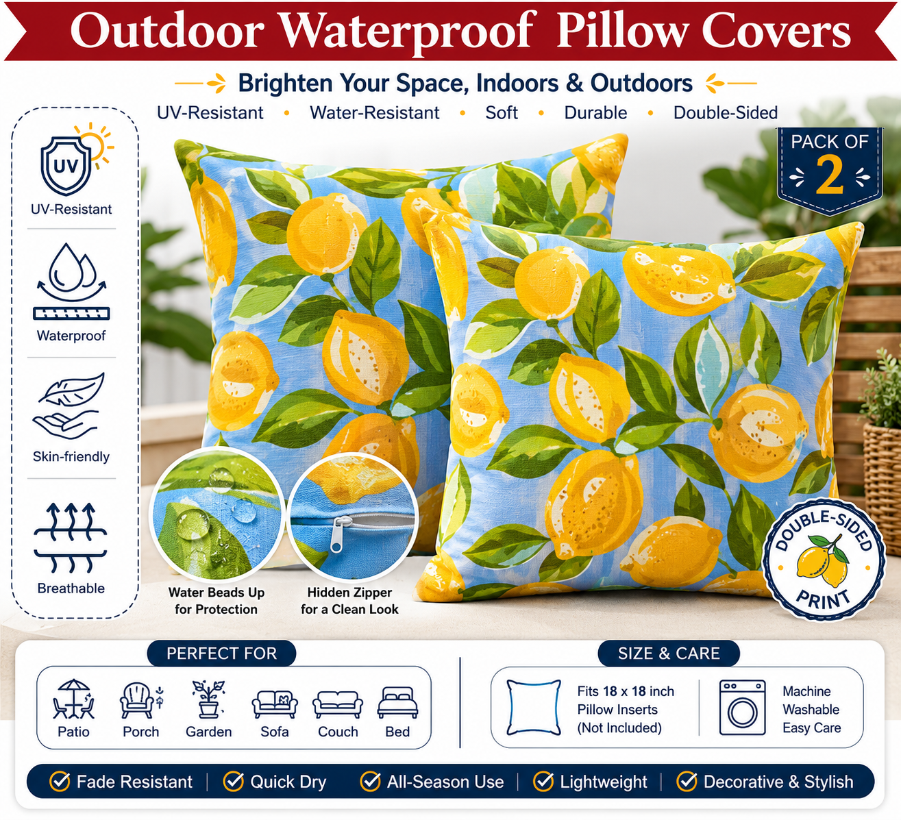 BBEE SOLUTIONS Outdoor Lemon Print Pillow Covers Set of 2 – Double-Sided Water-Resistant Decorative Cushion Covers