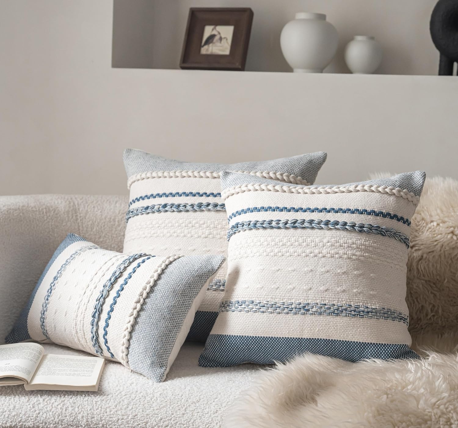 BBEE Solutions Set of 2 Blue Textured Decorative Throw Pillow Covers | Modern Couch & Sofa Cushion Cases