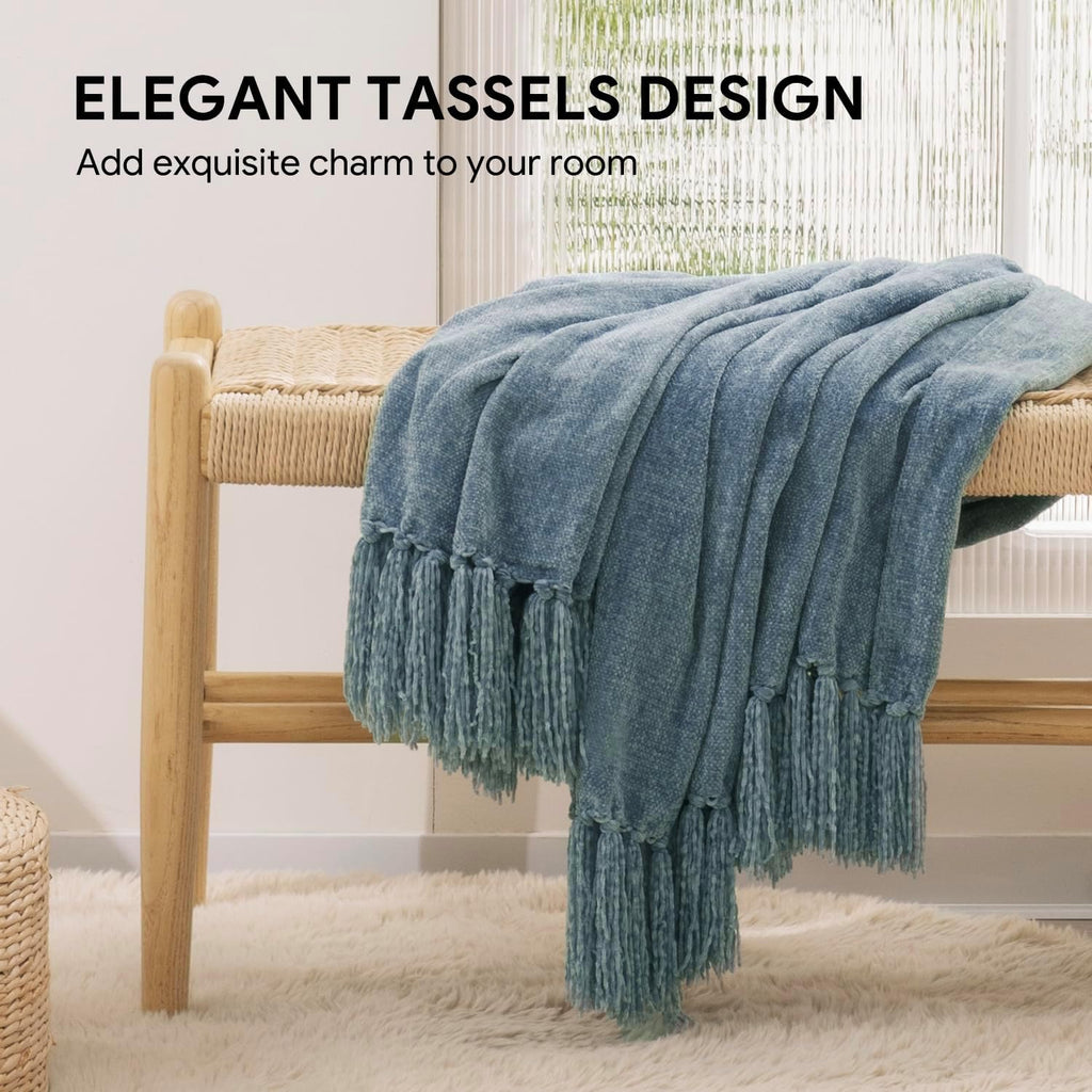 BBEE SOLUTIONS Soft Chenille Throw Blanket with Fringe Tassels – Cozy Decorative Blanket for Sofa, Couch & Bed